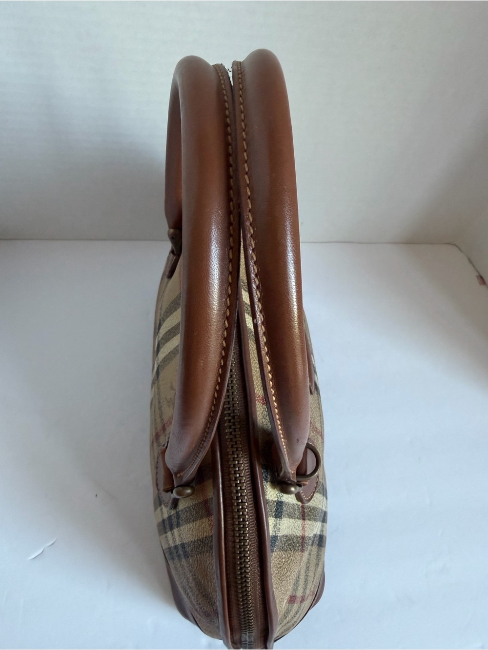 Burberry Beige Plaid Dome Satchel with Brown Leather Trim - Picture 5 of 13